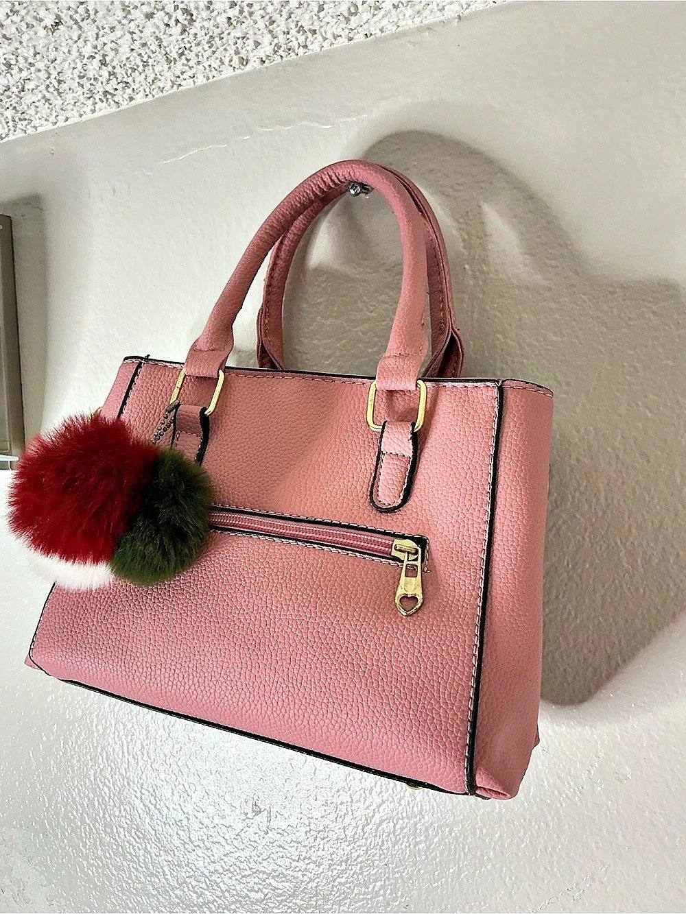 Pink Satchel with Pom-Pom Charm Like New